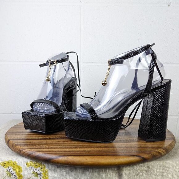 Simmi London Daina Black Patent Faux Snake Print Lace Up Platform Block Heel - Picture 2 of 16